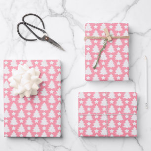Whimsical Christmas Tree Star Pink White Wrapping Paper Sheets