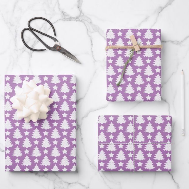Whimsical Christmas Tree Star Purple White  Wrapping Paper Sheets (Front)