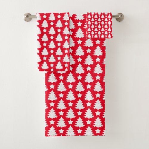 Whimsical Christmas Tree Star Red White Bath Towel Set
