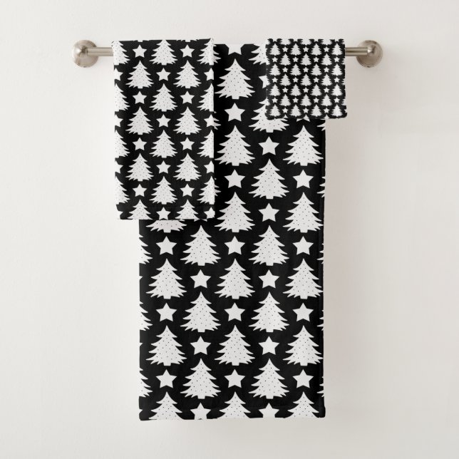 Whimsical Christmas Tree Star White Black Bath Towel Set (Insitu)