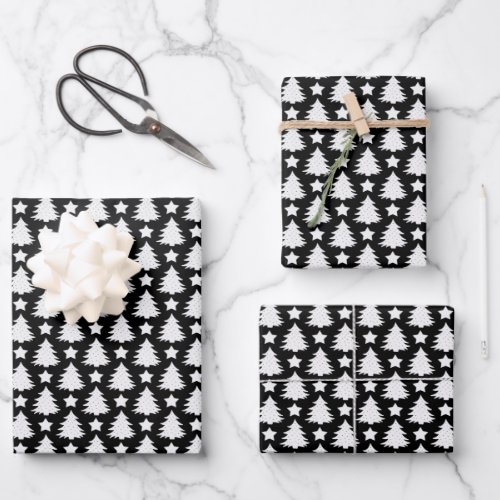 Whimsical Christmas Tree Star White Black Wrapping Paper Sheets