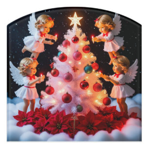 Whimsical Christmas Tree With Angel Figurines Door Sign