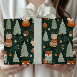 Whimsical Christmas Tree with Red Fox Dark Green Wrapping Paper