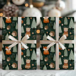 Whimsical Christmas Tree with Red Fox Dark Green Wrapping Paper Sheets