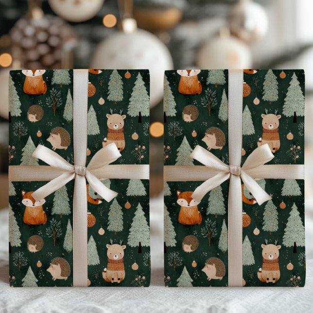 Whimsical Christmas Tree with Red Fox Dark Green Wrapping Paper Sheets (Creator Uploaded)