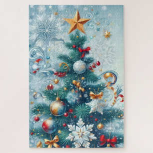 Whimsical Christmas Tree with Snowflakes Jigsaw Puzzle