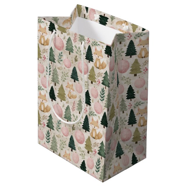 Whimsical Christmas Tree with Winter Fox Pastel Medium Gift Bag (Back Angled)