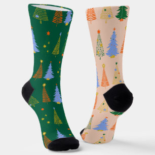 Whimsical Christmas Trees Blush Pink & Green Socks