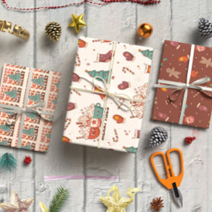 Whimsical Christmas Trees, Cocoa Mugs Gingerbread Wrapping Paper Sheets