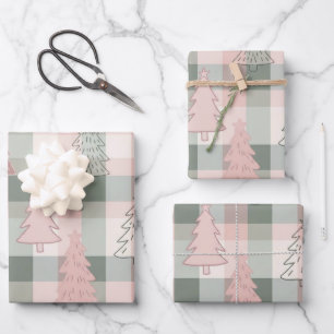 Whimsical Christmas Trees Green Pink Plaid Wrapping Paper Sheets