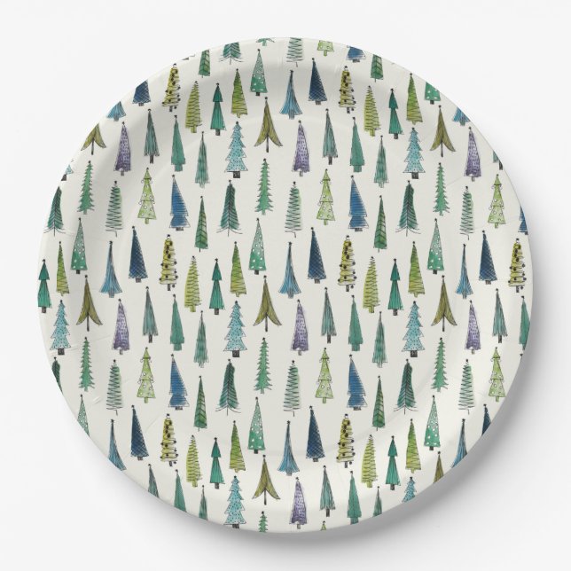 Whimsical Christmas Trees Paper Plates (Front)