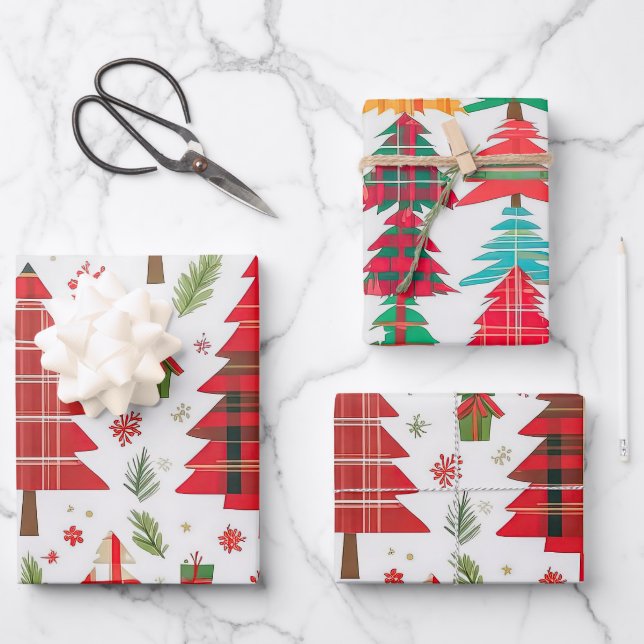 Whimsical Christmas Trees Plaid Pattern Wrapping Paper Sheets (Front)