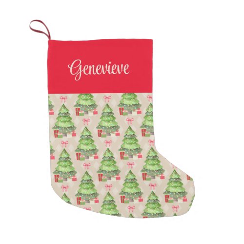 Whimsical Christmas Trees Red Bows and Presents Small Christmas Stocking