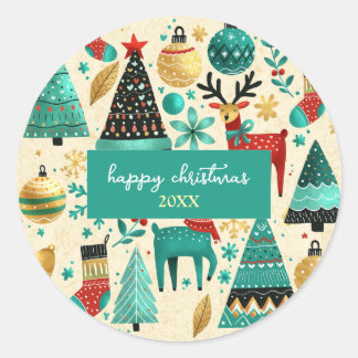Whimsical Christmas trees & reindeer Classic Round Sticker