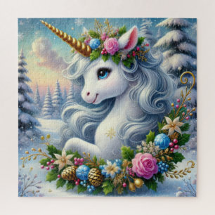 Whimsical Christmas unicorn with wreath Jigsaw Puzzle