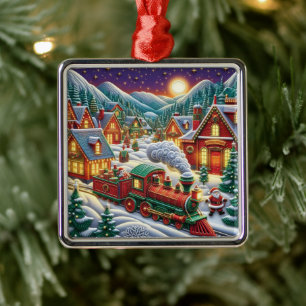Whimsical Christmas Village Santa & Train Ornament