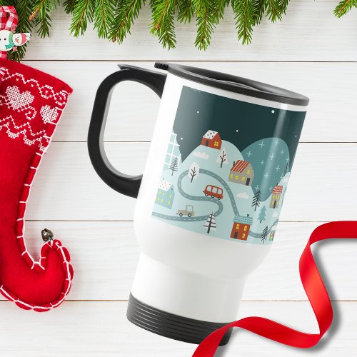 Whimsical Christmas Village Winter Holidays Travel Mug