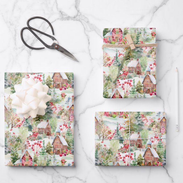 Whimsical Christmas Village Wrapping Paper Sheets (Front)