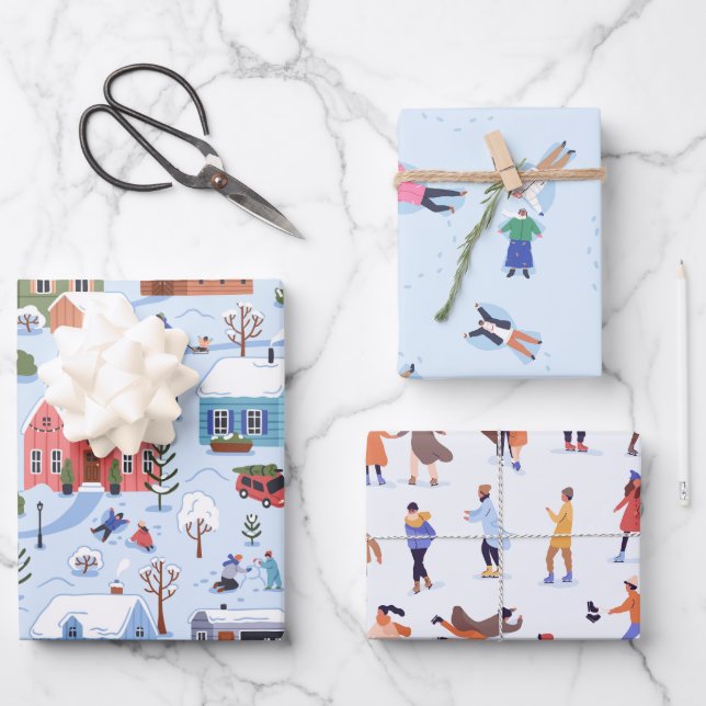 Whimsical Christmas Winter Snow Angels Ice Skating Wrapping Paper Sheets (Front)