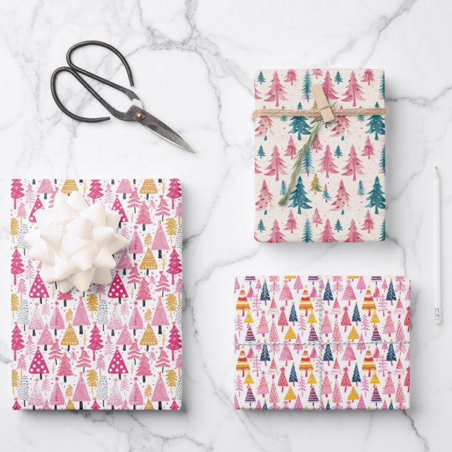 Whimsical Christmas with Colorful Trees Wrapping Paper Sheets (Front)