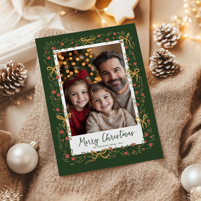 Whimsical Christmas Wreath & Bows Photo Card (Whimsical Christmas Wreath holiday family photo card)