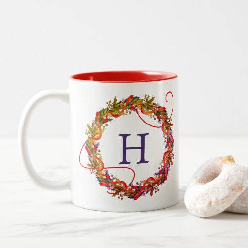 Whimsical Christmas Wreath Initial Holiday Two_Tone Coffee Mug