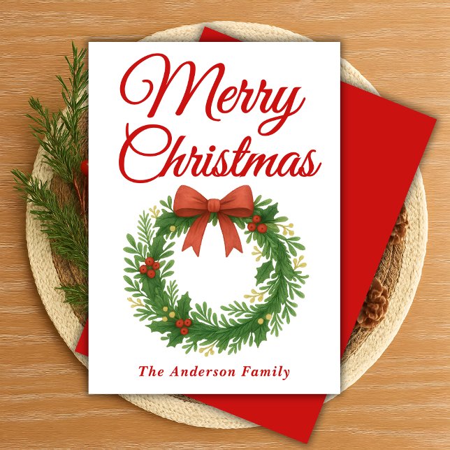 Whimsical Christmas Wreath with Ribbon  Holiday Card (Creator Uploaded)