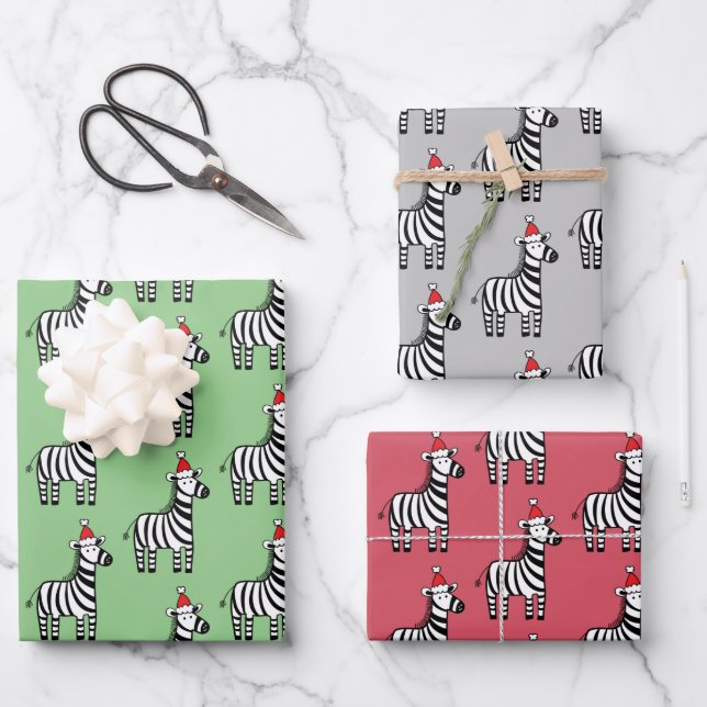Whimsical Christmas Zebras Wrapping Paper Sheets (Front)
