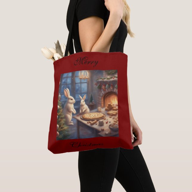 Whimsical Chrsitmas Bunnies Baking holiday tote  Bag (Close Up)