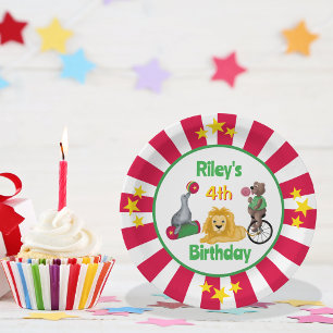 Whimsical Circus Animals Striped Star Border Paper Plates