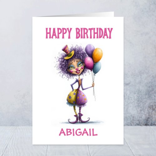 Whimsical Circus Clown Holding Balloons Birthday Card