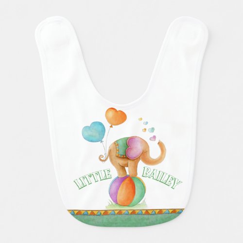 Whimsical circus elephant name art bib