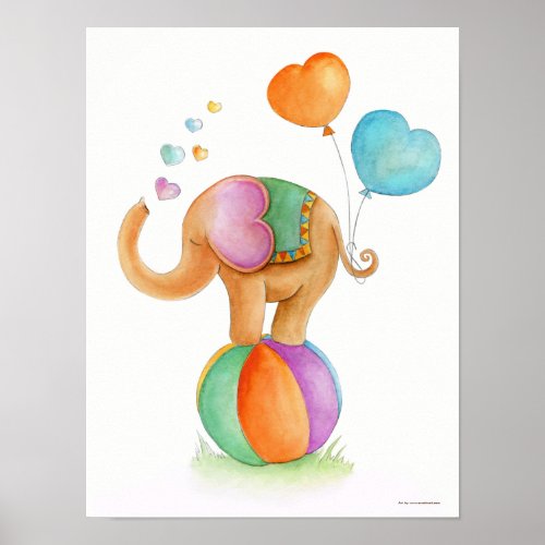 Whimsical circus elephant on a ball nursery poster