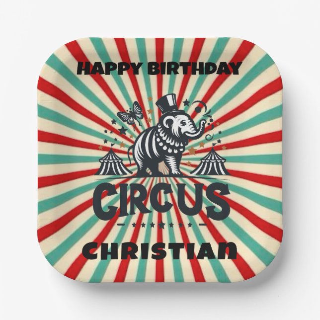 Whimsical Circus Sunburst Kids Birthday Party Paper Plates (Front)
