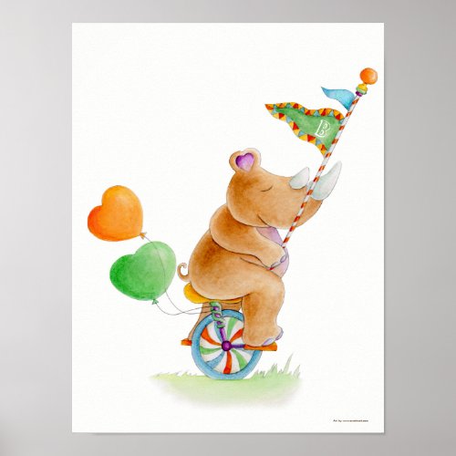 Whimsical circus unicycle rhino nursery poster