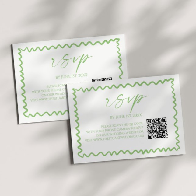 Whimsical Citrus Green Wavy Border QR Code Wedding RSVP Card (Creator Uploaded)