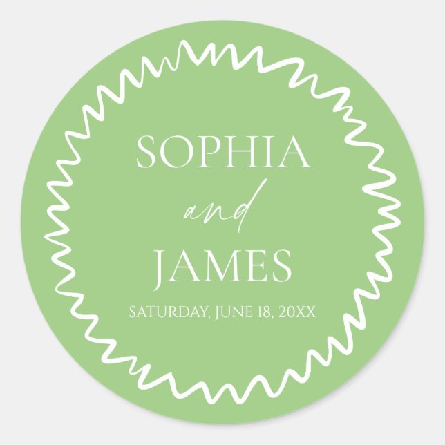 Whimsical Citrus Green Wavy Border Wedding Classic Round Sticker (Front)