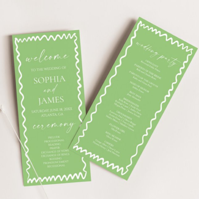 Whimsical Citrus Green Wavy Border Wedding Program (Creator Uploaded)