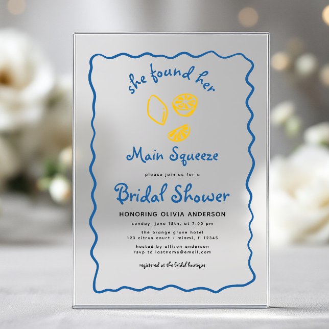 Whimsical Citrus Main Squeeze Funky Bridal Shower Acrylic Invitations (Creator Uploaded)
