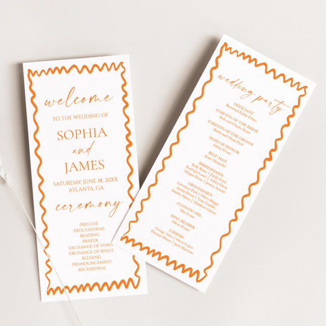 Whimsical Citrus Orange Wavy Border Wedding Program (Creator Uploaded)