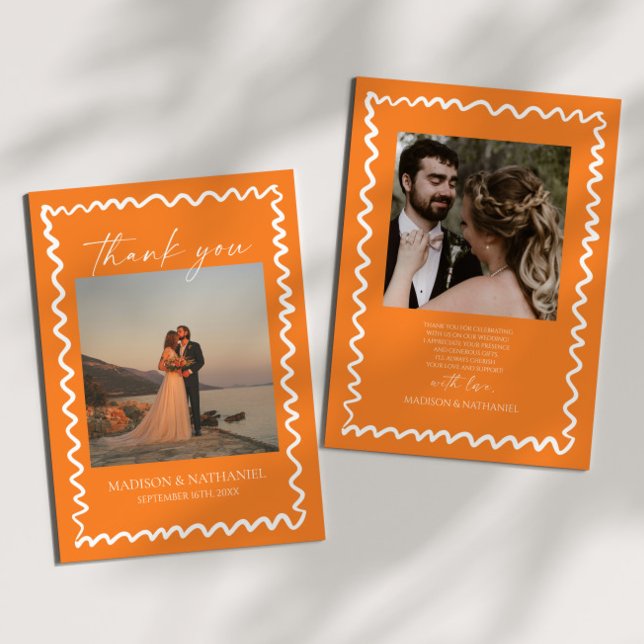 Whimsical Citrus Orange Wavy Border Wedding Thank You Card (Creator Uploaded)