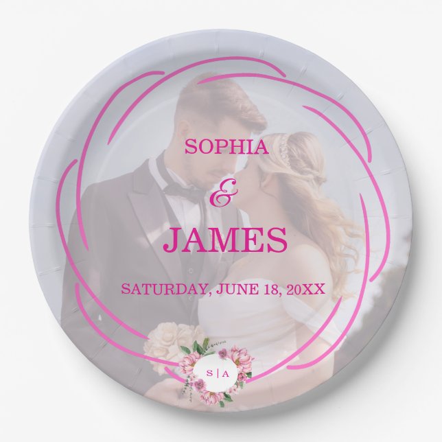 Whimsical Citrus Pink & flower Wedding  Sign Paper Plates (Front)