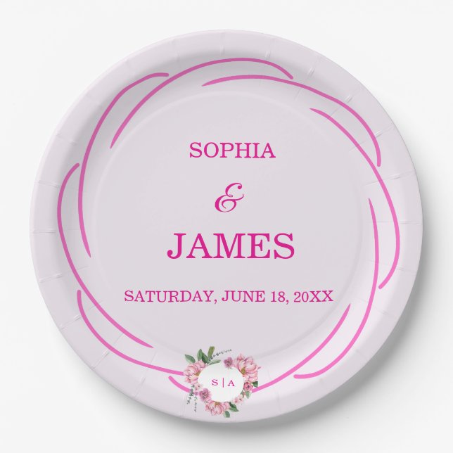 Whimsical Citrus Pink & flower Wedding  Sign Paper Plates (Front)