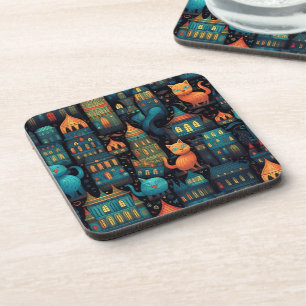 Whimsical City Cats AI Art Beverage Coaster