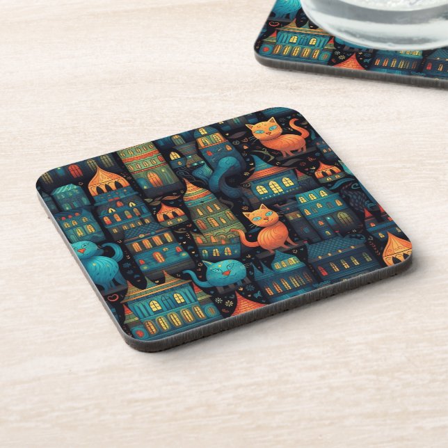 Whimsical City Cats AI Art Beverage Coaster (Left Side)