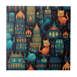 Whimsical City Cats AI Art Ceramic Tile