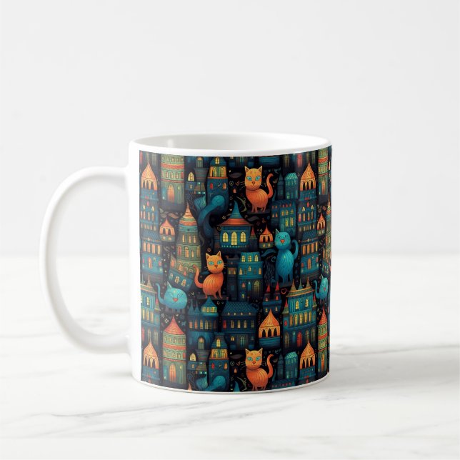Whimsical City Cats AI Art Coffee Mug (Left)
