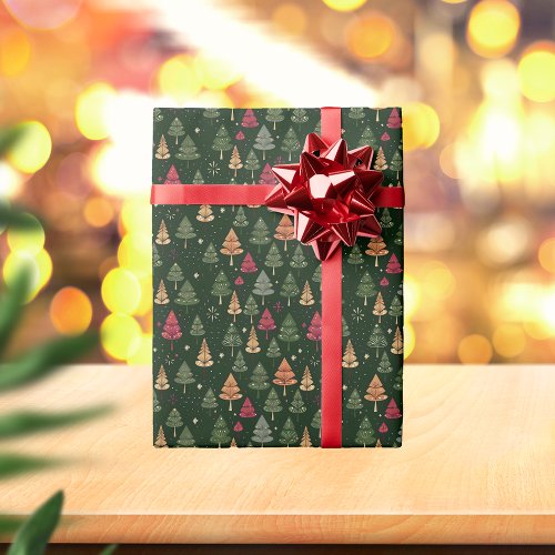 Whimsical Classic Christmas Trees TriColor Wrapping Paper