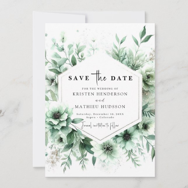 Whimsical Classic Floral Sage Green Wedding Save The Date (Front)