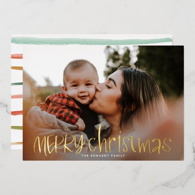 Whimsical Classic Merry Christmas Photo Foil Holiday Card (Front/Back)